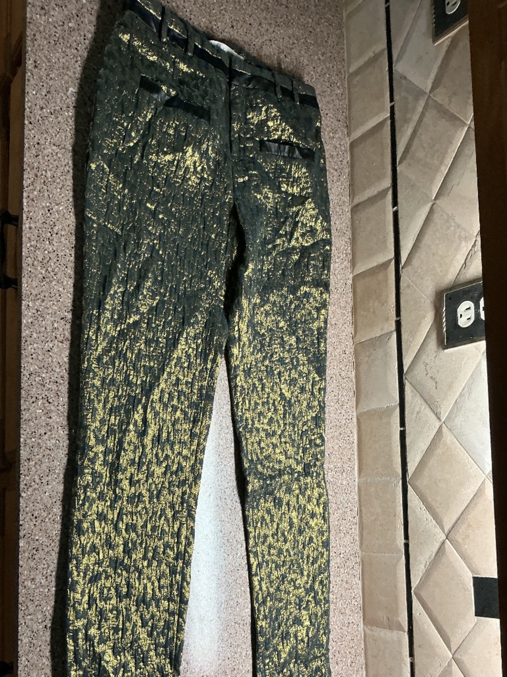 Designer Gold and Black Pants with Faux Leather Trim